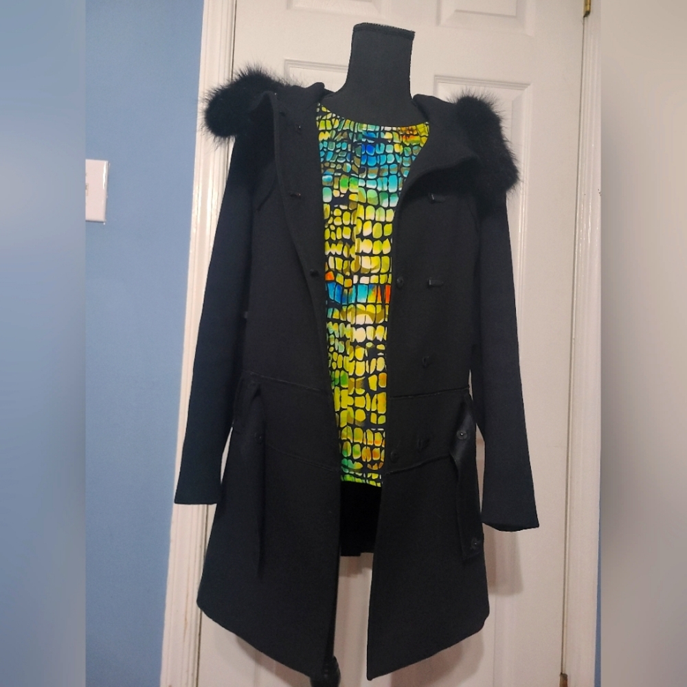 NWOT PRADA Women's Black Fur-Trimmed Coat